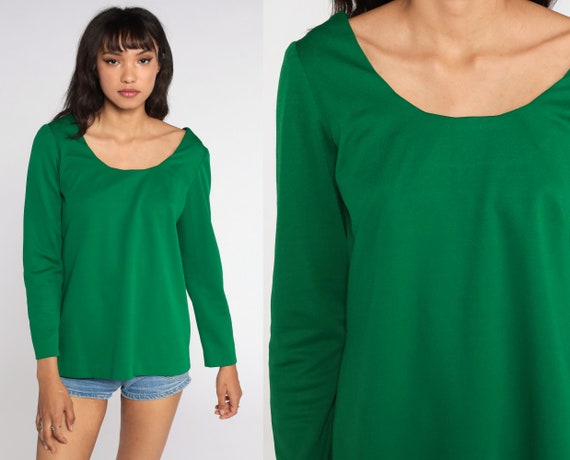 Kelly Green Shirt 70s Long Sleeve Shirt Scoop Neck Polyester 1970s Plain Shirt Vintage Small Medium