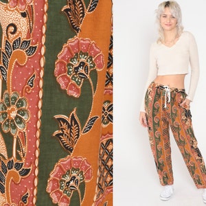 Baggy Floral Pants 90s Batik Tapered Relaxed Pants Burnt Orange Green Striped High Waist Pants Flower Trousers Vintage Small Medium image 1