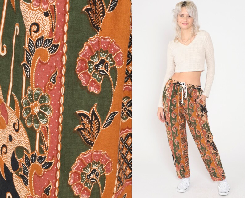 Baggy Floral Pants 90s Batik Tapered Relaxed Pants Burnt Orange Green Striped High Waist Pants Flower Trousers Vintage Small Medium image 1