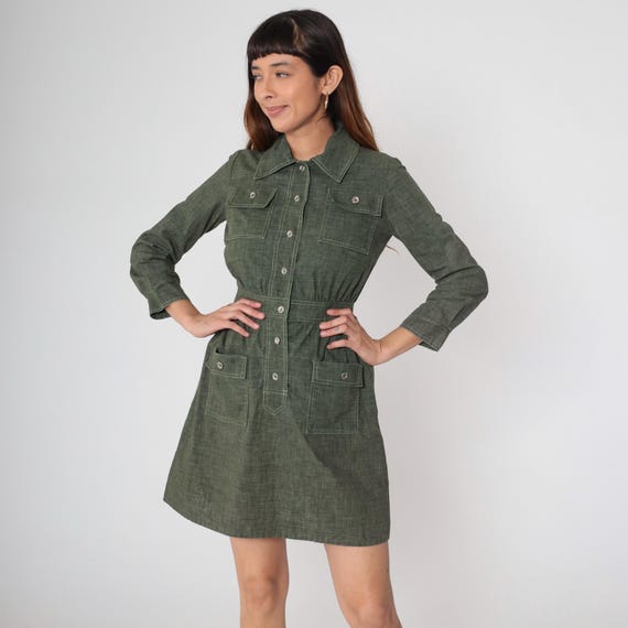 Utility Shirt Dress 70s Olive Green Cotton Long Sleeve Vintage Contrast Stitch Belt Waist Chest Pockets Mini Safari Workwear Military Small