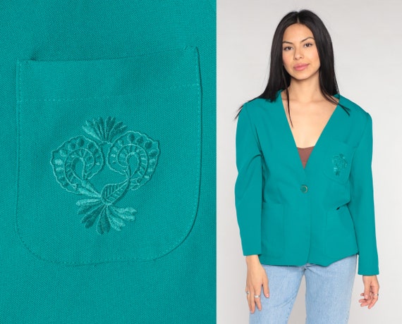 Teal Blazer 80s Button up Jacket Floral Embroidered Coat V Neck Structured Work Formal Office Professional Chic Solid Vintage 1980s Medium M