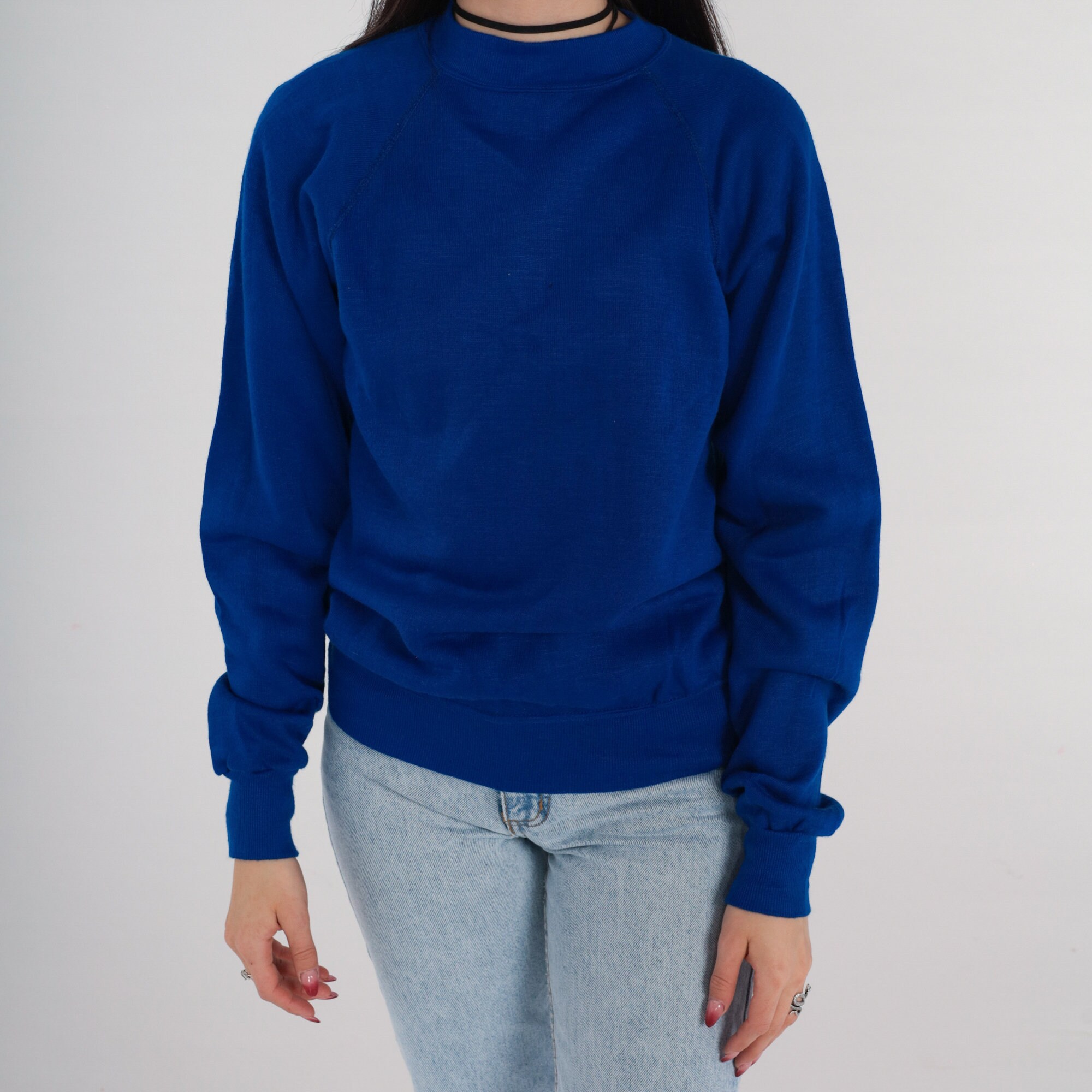 Blue Crewneck Sweatshirt 80s Plain Long Sleeve Shirt Crewneck ...