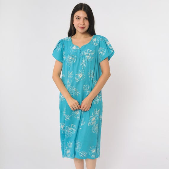 80s Turquoise Hawaiian Floral Dress Loose Fit Muumuu Lounge Summer House Dress Hibiscus Print Loungewear Medium Large