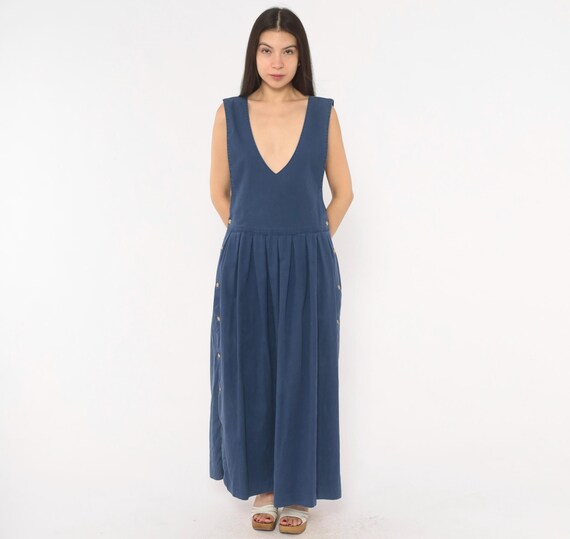 Navy Jumper Dress 80s Cotton Sleeveless Deep V Neck Pleated Skirt Maxi Side Button Pinafore Blue Drop Waist Vintage Ankle Length Medium M