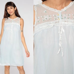 Baby Blue Nightgown 70s Lingerie Dress Embroidered Lace Bib Flowy Slip Dress Babydoll Pinup Mini Nightie Tent Trapeze 1970s Vintage Small S image 1