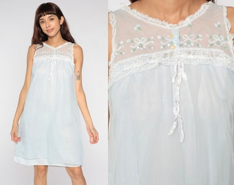 Baby Blue Nightgown 70s Lingerie Dress Embroidered Lace Bib Flowy Slip Dress Babydoll Pinup Mini Nightie Tent Trapeze 1970s Vintage Small S