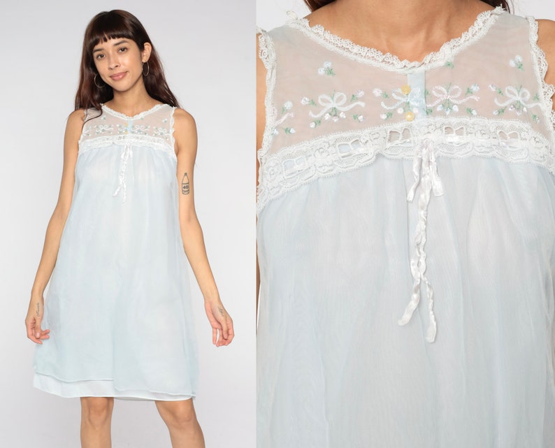 Baby Blue Nightgown 70s Lingerie Dress Embroidered Lace Bib Flowy Slip Dress Babydoll Pinup Mini Nightie Tent Trapeze 1970s Vintage Small S image 1