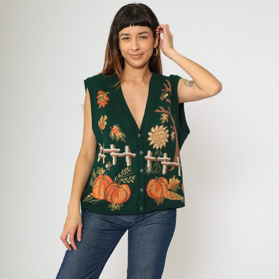 Vintage Autumn Pumpkin Sweater Vest Top 80s Green Sunflower Knit Vest Sleeveless Sweater 1980s Button Up V Neck Fall Halloween Medium