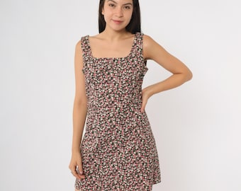 Floral Mini Dress 90s Black Pink White Sleeveless Square Neck Fitted Bodycon Grunge Summer Calico Print Tank Style Ditsy Cotton Medium M 7