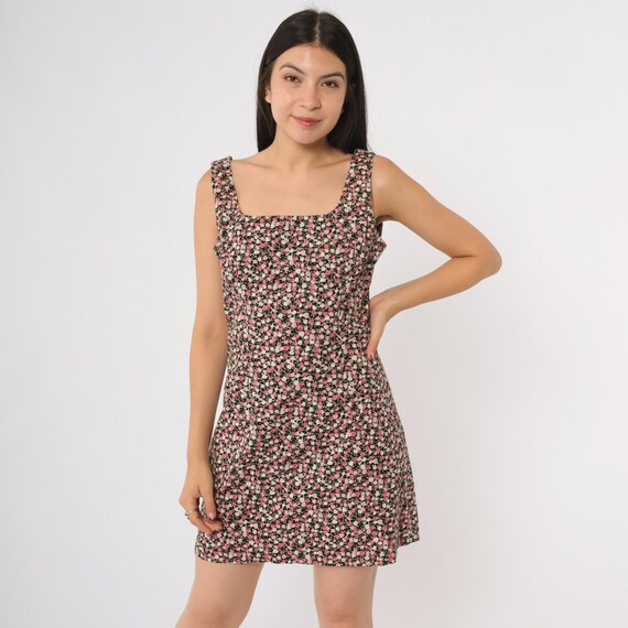 Floral Mini Dress 90s Black Pink White Sleeveless Square Neck Fitted Bodycon Grunge Summer Calico Print Tank Style Ditsy Cotton Medium M 7