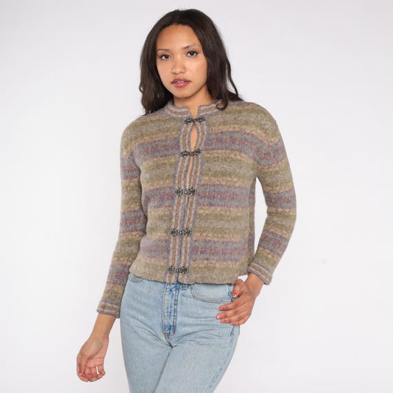 Wool Frog Closure Cardigan Y2K Fair Isle Sage Lavender Striped Ornate Silver Clasp Cropped Luxe Winter Knit Nordic Inspired Medium PM