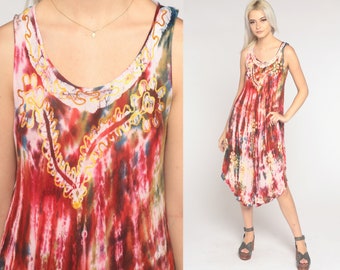 Tie Dye Dress Y2k Floral Embroidered Midi Dress Red Hippie Summer Sun Dress Tent Bohemian Sundress Boho Vintage 00s Small Medium Large