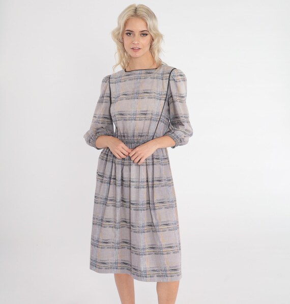Puff Sleeve Dress 80s Leslie Faye Midi Dress Grey Checkered Day Dress Plaid Print High Waisted Secretary Dress Gray Vintage 1980s Small S