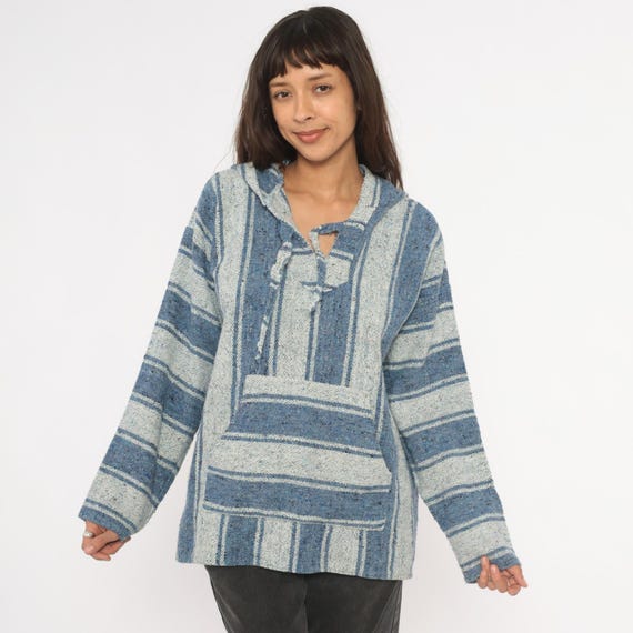 Blue Striped Baja Hoodie 2000s Mexican Blanket Pullover Kangaroo Pocket Surf Beach Drug Rug Woven Poncho Sweater Alt Grunge Hippie Medium M