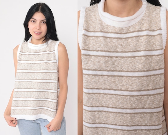 Striped Sweater Vest 80s Knit Pullover Tank Top Slouchy Mockneck Sleeveless Shirt Mock Neck Preppy Tan White Cotton Vintage 1980s Medium M