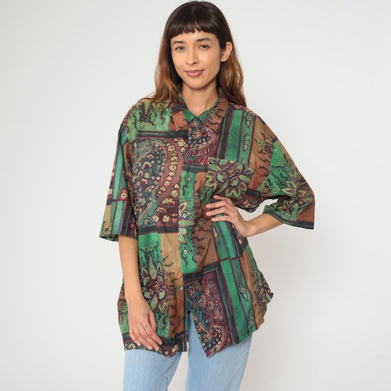 90s Patchwork Shirt Paisley Floral Print Button Front Cotton Hippie Collared Green Brown Burgundy Vintage Grunge Preppy Extra Large XL