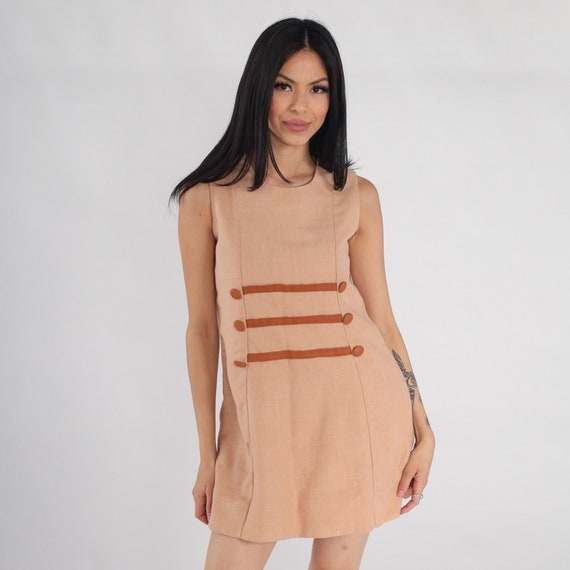 60s Shift Dress Mod Micro Mini Dress Tan Tonal Br… - image 2