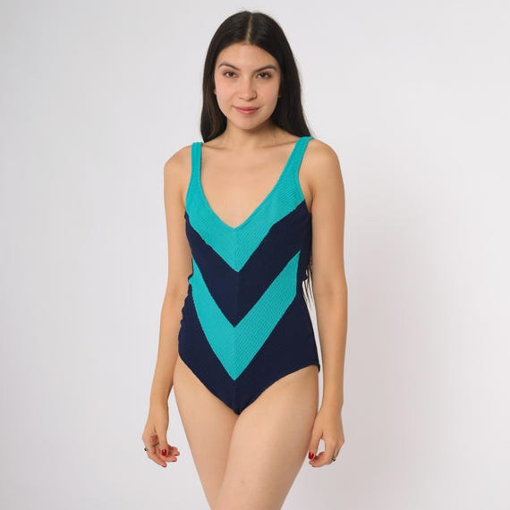 90s Colorblock Swimsuit Chevron One Piece Teal Blue Navy Textured Scoop Back High Cut Leg Swimwear Pool Beach Bathing Suit Size 8 Medium M