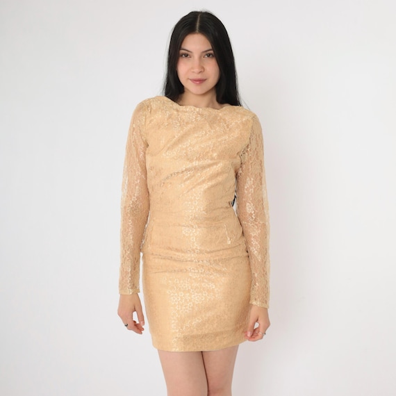 Vintage 1960s Gold Lace Dress Hourglass Cocktail Party Mini Scalloped Open Back Sheath 1960s Long Sheer Sleeve Formal Extra Small xs