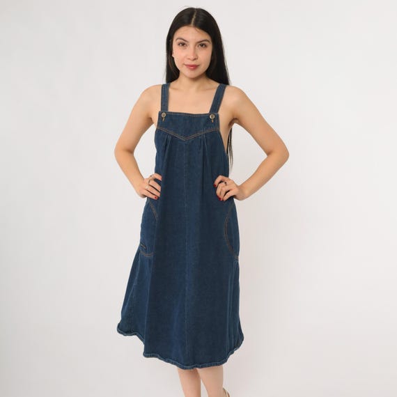 Denim 70s Dress Prairie Blue Jean Jumper Cotton Garden Party Picnic Summer Apron Front Pockets Peasant Small S 7/8