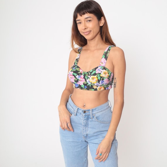 Floral Crop Bustier 90s Black Pink Yellow Blue Green Purple Flowers Cotton Bra Vintage Grunge Cottagecore Festival Summer Coquette Small S