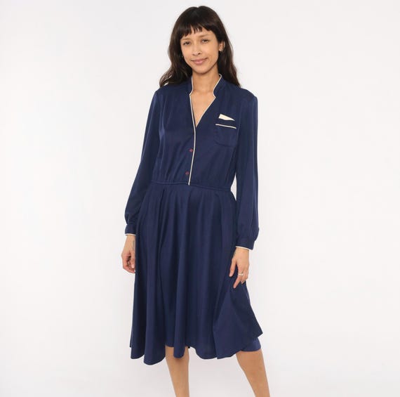 Navy Piped Pocket Dress 80s Ms Sugar V Neck Button Front Blouson Sleeve A Line Cotton Trim Collegiate Academic Vintage Medium To Large ML