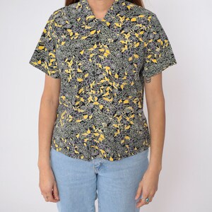 Black Floral Blouse 90s Button Up Shirt Retro Short Sleeve Top Flower Print Casual Hippie Summer 1990s Vintage Purple Yellow Small S image 9