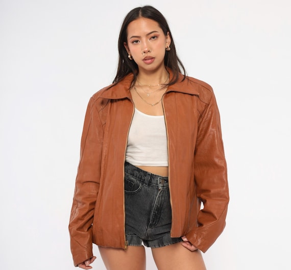 70s Western Leather Jacket Cognac Zip Front Collar Bomber Coat Brown Chestnut Lined Vintage Ricaro Long Sleeve Fall Layering Extra Large XL