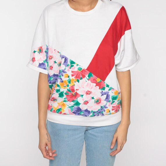 Slouchy Floral Top 80s Floral Shirt White Red Str… - image 7