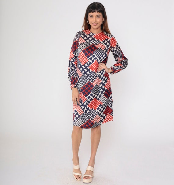 60s Mod Dress Patchwork Checkered Dress Red White Blue Houndstooth Print Shift Midi Twiggy 70s Vintage Long Sleeve 1960s Minidress Small S