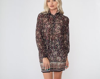 Paisley Mini Dress 70s Black Psychedelic Dress Button up Shift Long Sleeve Retro Boho Hippie Minidress See Through Vintage 1970s Small S