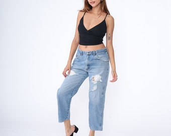 Wrangler Jeans y2k Ripped Faded Straight Leg Cropped Ankle Jeans Relaxed Denim Pants Mid Rise Boyfriend Western Jeans Vintage 00s Medium