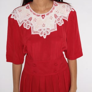 Red Pleated Dress 80s Midi Dress Lace Collar Dress Boho Embroidered Dress High Waist Secretary Short Sleeve Dress Vintage Medium Large image 5