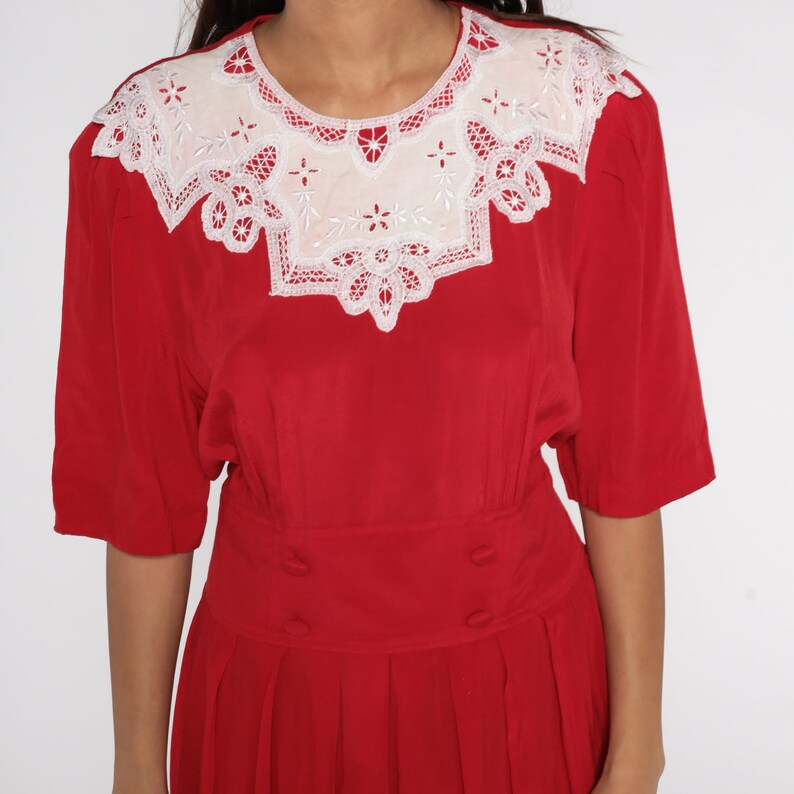 Red Pleated Dress 80s Midi Dress Lace Collar Dress Boho Embroidered Dress High Waist Secretary Short Sleeve Dress Vintage Medium Large image 5