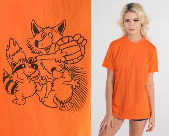 Sports Animals Shirt 80s Cute Cartoon T-Shirt Porcupine Racoon Coyote Graphic Tee Volleyball TShirt Orange Single Stitch Vintage 1980s Large