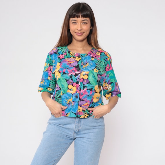 Tropical Crop Top 90s Black Floral Blouse Button up Cropped Shirt Hibiscus Flower Monstera Leaf Print Hawaiian Surfer Vintage 1990s Large L