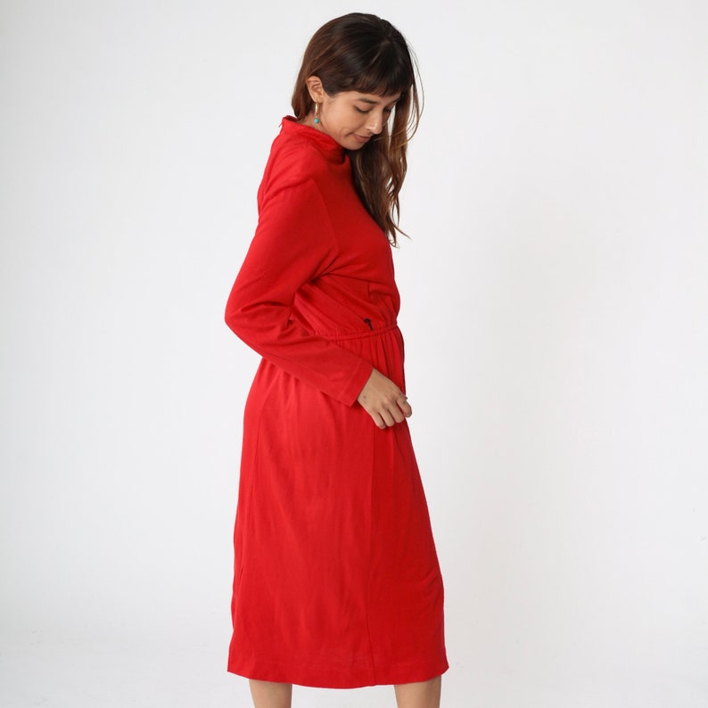 Plain Red Dress 80s Mock Neck Midi Dress Plain Low Elastic Waist Secretary 1980s Vintage Long Sleeve Solid Shift Basic Medium image 5