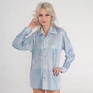 70er Hemd Hemd hellblau kariert Button Up Disco Shirt Langarm Kragenhemd Adrette Seventies Statement Top Vintage 1970s Herren Medium M