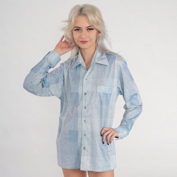70s Shirt Light Blue Checkered Button Up Disco Shirt Long Sleeve Collared Shirt Preppy Seventies Statement Top Vintage 1970s Men's Medium M