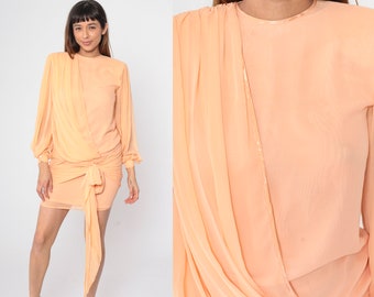 Peach Chiffon Dress 80s Shift Dress Draped Grecian Dress Long Puff Sleeve Sheath Layered Party Dress Evening Going Out Vintage 1980s Small