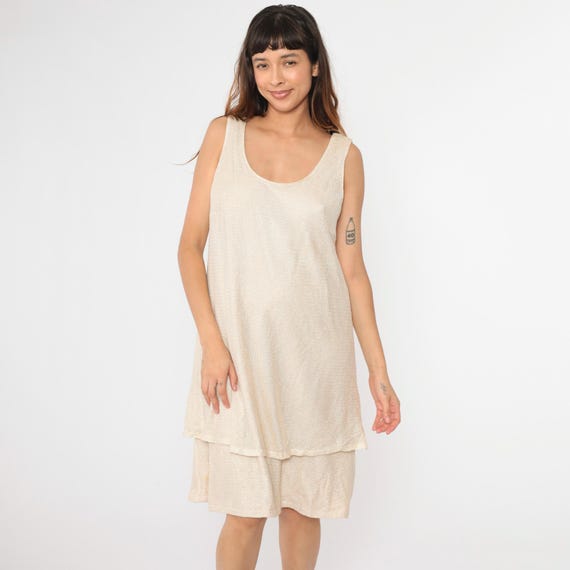 Vintage Metallic Mesh Dress 90s Beige Midi Glitter Dress Sleeveless Tiered Party Scoop Neck 1990s Cocktail Shift Large L