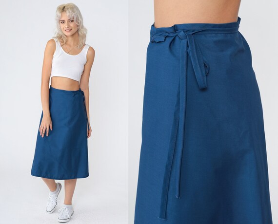 Reversible Wrap Skirt 80s Midi Skirt Blue White Striped High Waisted Plain Retro Simple Flowy Summer A Line Basic Vintage 1980s Medium Large