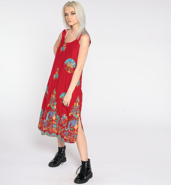 Summer Floral Dress 90s Red Midi Dress Flower Print Bohemian 1990s Sleeveless Indonesian Dress Sheath Sundress Summer 1990s Small S