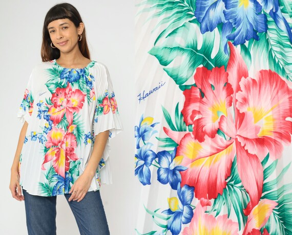 70s Hawaiian Caftan Top Floral Kimono Blouse Accordion Pleated Boho Hippie Tent 1970s Bohemian Aloha Shirt One Size S M L