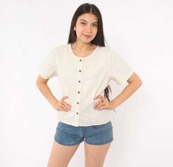 Y2K Cream Cotton Blouse REI Button Front Short Sleeve Top Shirt Minimal Prairie Cottagecore Off White Boxy Tee Summer Camp Vintage Small S