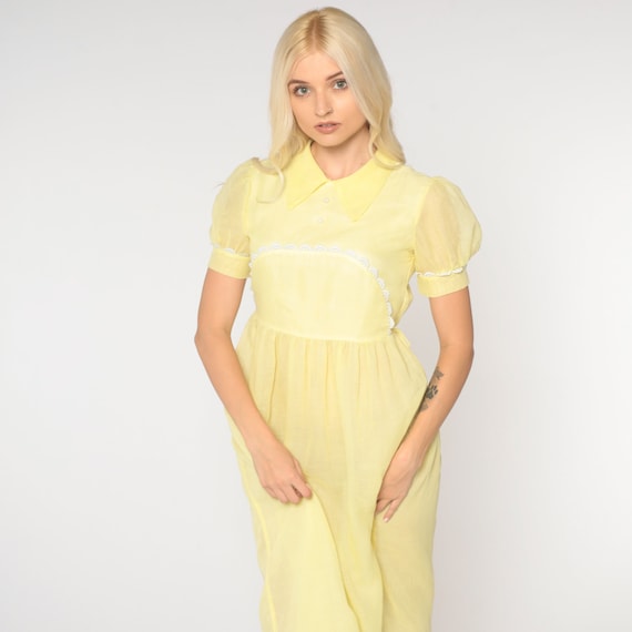 Vintage Sheer Pastel Dress 70s Maxi Yellow Boho Sheer PUFF Sleeve Dress Bohemian Fairycore Prairie Dress 1970s High Waist 60s Extra Small xs