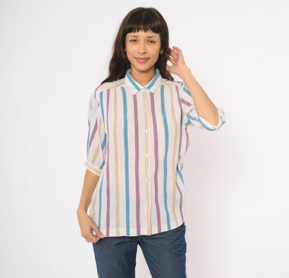 80s Striped Top Button Front Blouse Purple Blue Tan Vertical Stripe Cotton Shirt Semi Sheer Summer Vacation Vintage Cream Top Extra Large XL