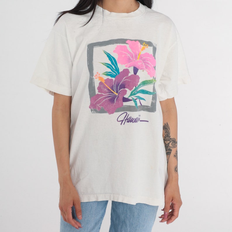 Hawaii T-shirt 90-tals Hawaiiansk Hibiskusblomma Tropisk Blommig Grafisk T-shirt Surfer Tourist T-shirt Enkelsöm Vit Vintage 1990-tals Stor bild 6