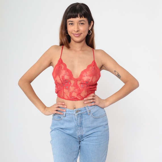 90s Red Lace Crop Top Sheer Barbizon Cami Lingerie Top Cropped  Camisole Sexy Vintage 1990s Spaghetti Strap Sleep Ruffle Small