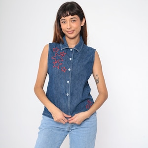 90s Denim Star Shirt Sleeveless Embroidered Button Up Tank Top Geometric Celestial Blouse Grunge Jean Shirt Vintage Blue Red 1990s Medium